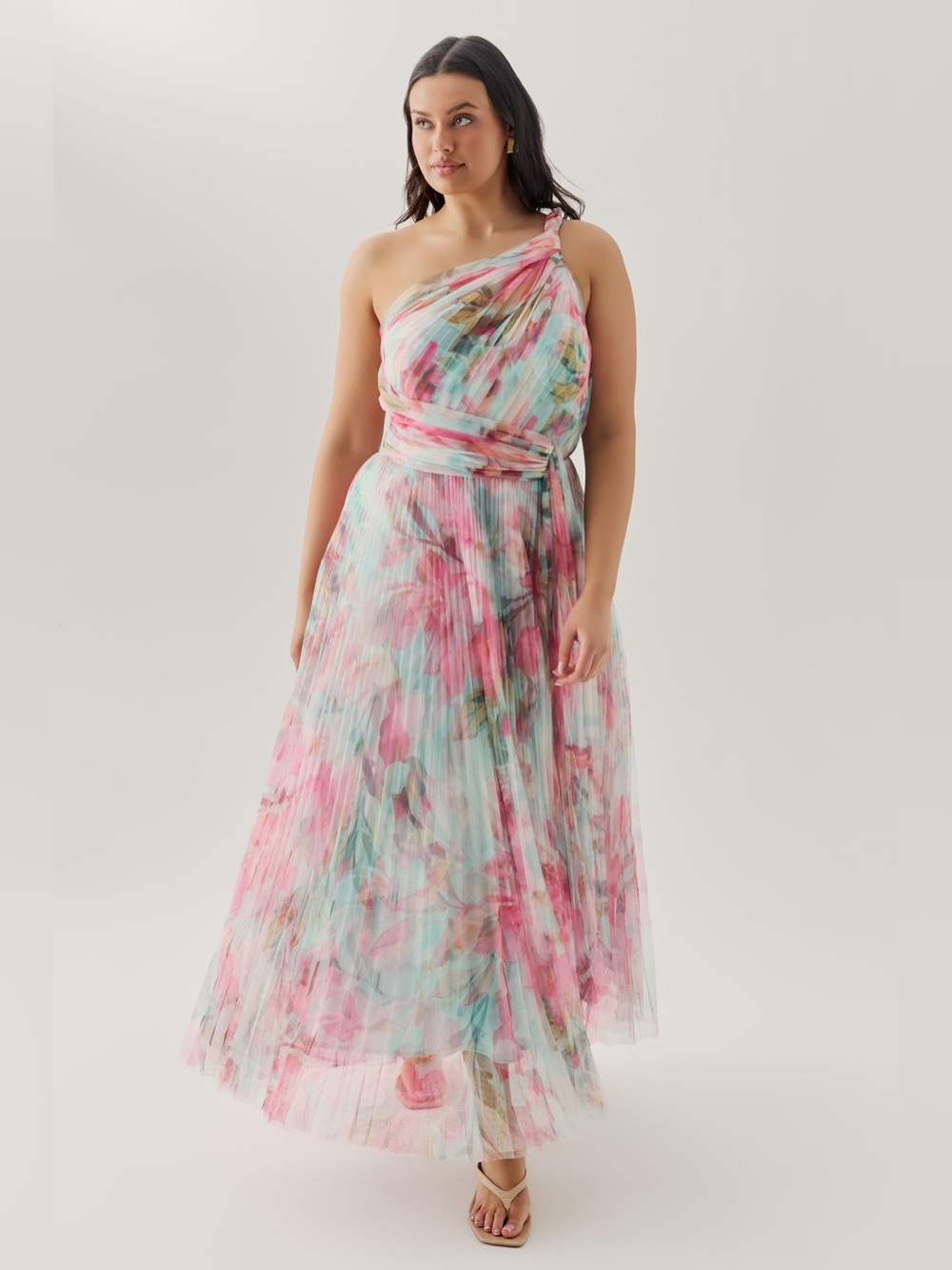 Hutch Philippa One Shoulder Tulle Midi Dress Mint Pink Tropical Sz 18W NWT